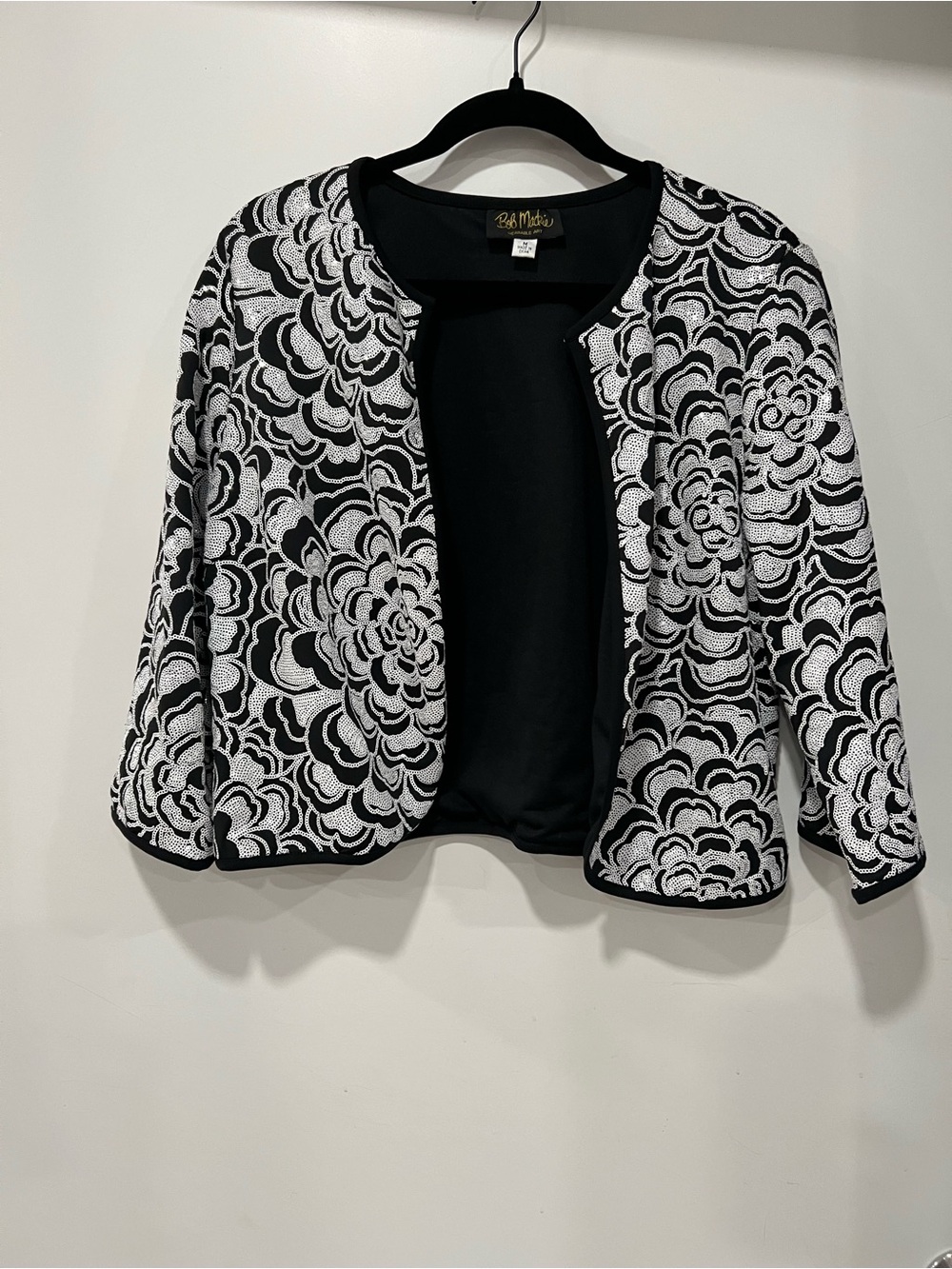 Vintage Bob Mackie wearable Art Black & White Floral Sequin cropped open jacket